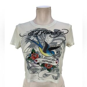 Ed Hardy Mesh Swallow Baby Cropped Tee Size Large